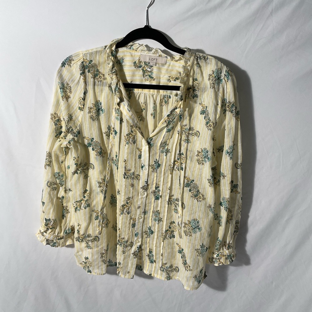 LOFT Floral Blouse - Cream and Blue